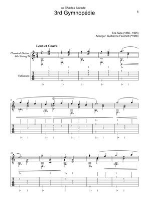 Erik Satie - 3rd Gymnopédie. Arrangement for Classical Guitar. Score and Tablature