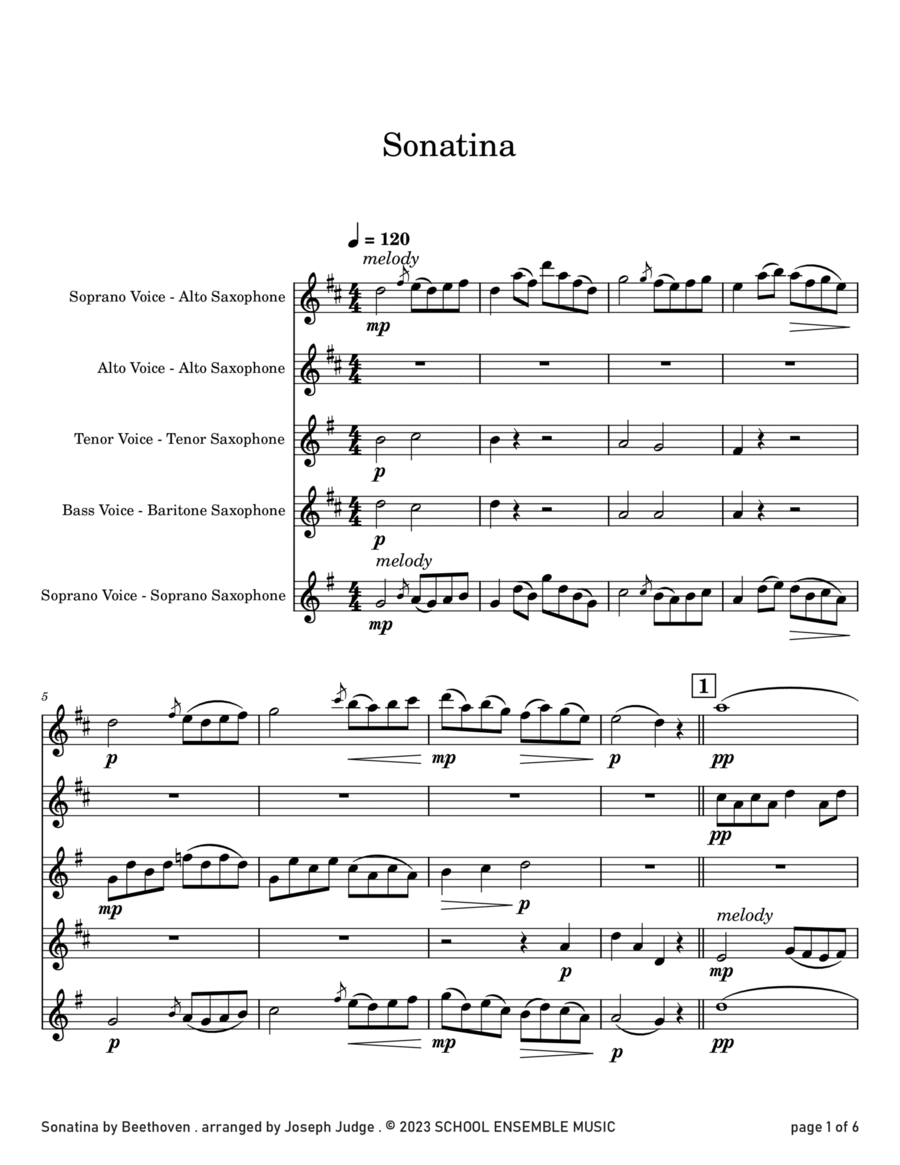 Sonatina by Beethoven for Saxophone Quartet in Schools Saxophone Quartet scores gallery preview page 1