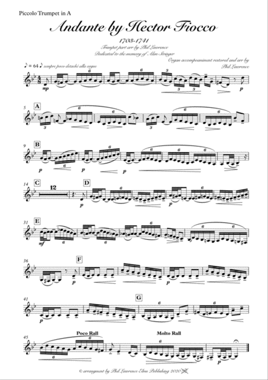 Andante by Hector Fiocco arr for Trumpet (Picc A, G, or D or Eb tpt). Trumpet Duet scores gallery preview page 5