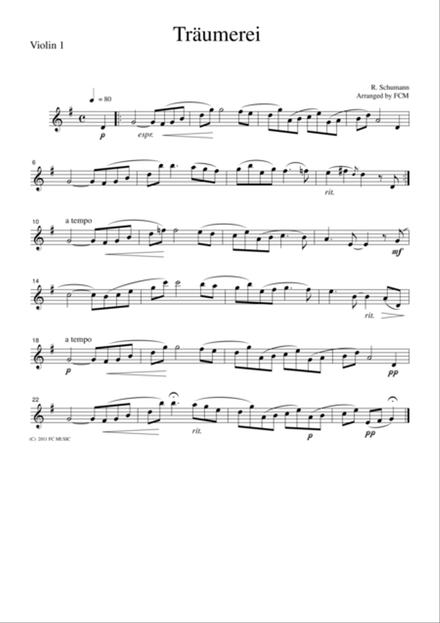 Schumann Traumerei (Dreaming), for 4 Violins, VN402 Violin Solo scores gallery preview page 1