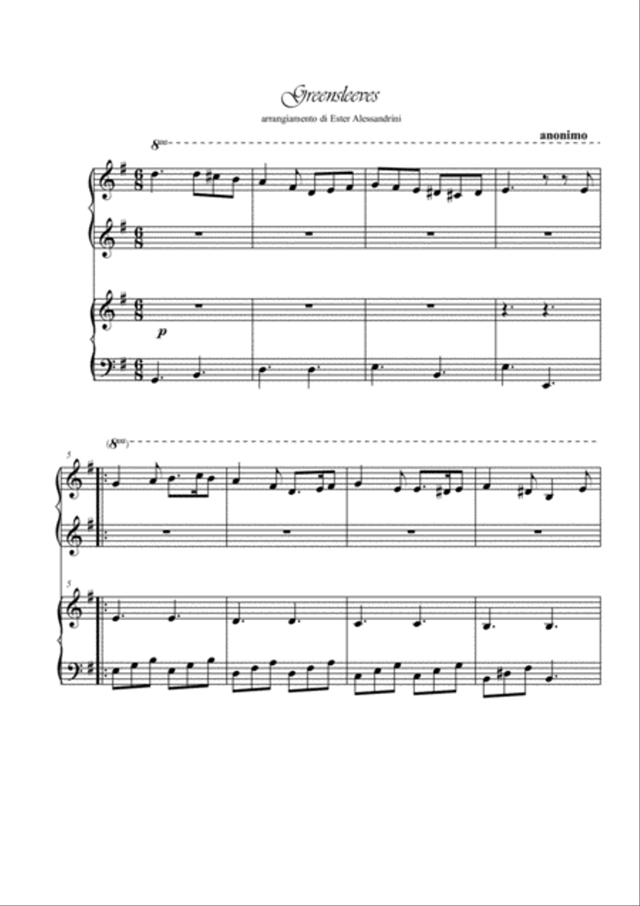 Greenleves. Piano 4 hands Easy Piano scores gallery preview page 1