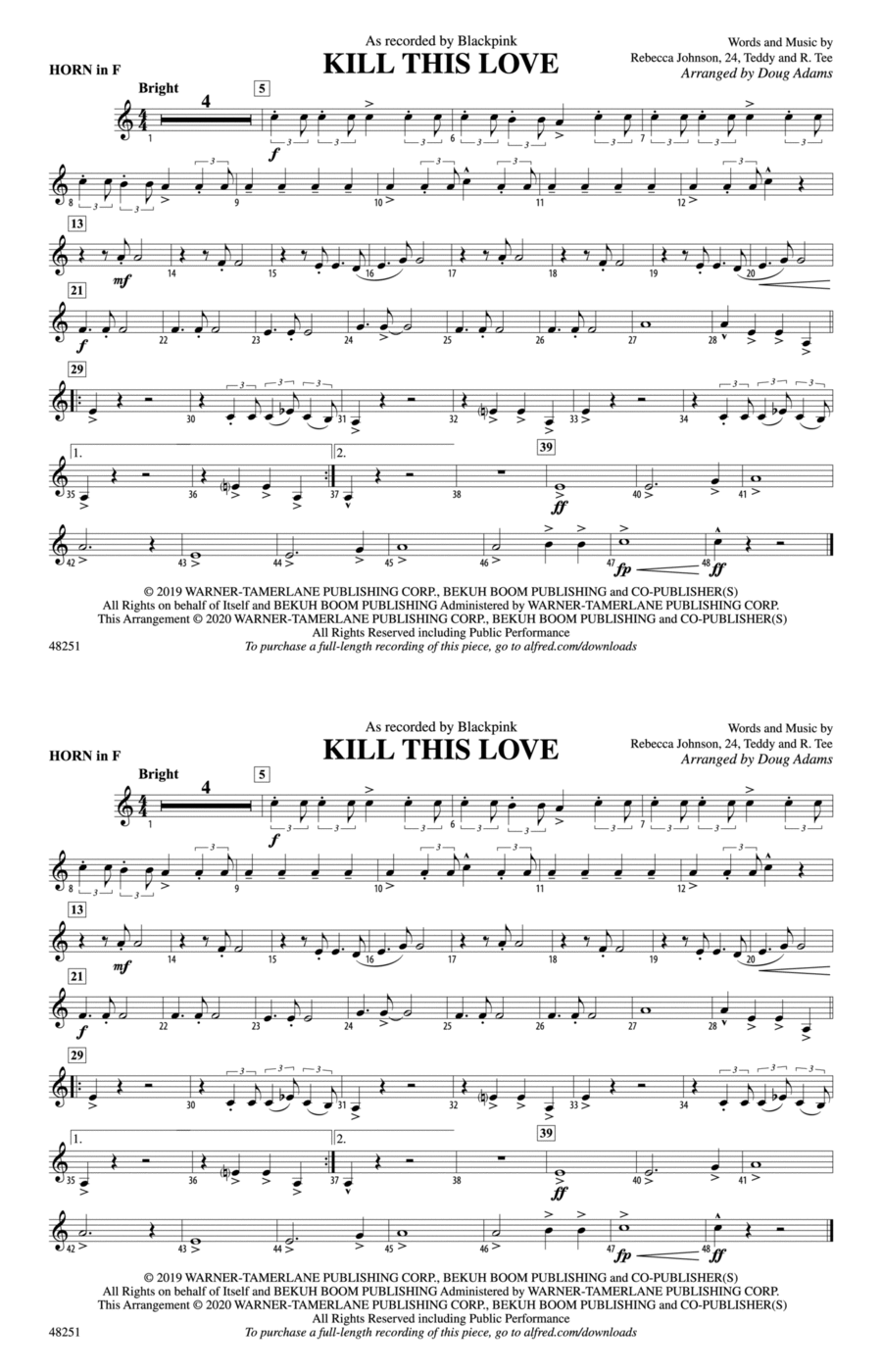 Kill This Love: 1st F Horn Marching Band scores gallery preview page 1
