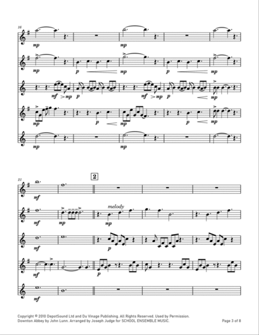 Downton Abbey (theme) Saxophone Quartet scores gallery preview page 3