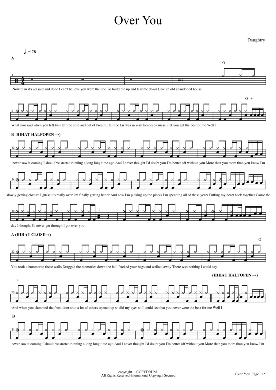 Over You Drum Set scores gallery preview page 1