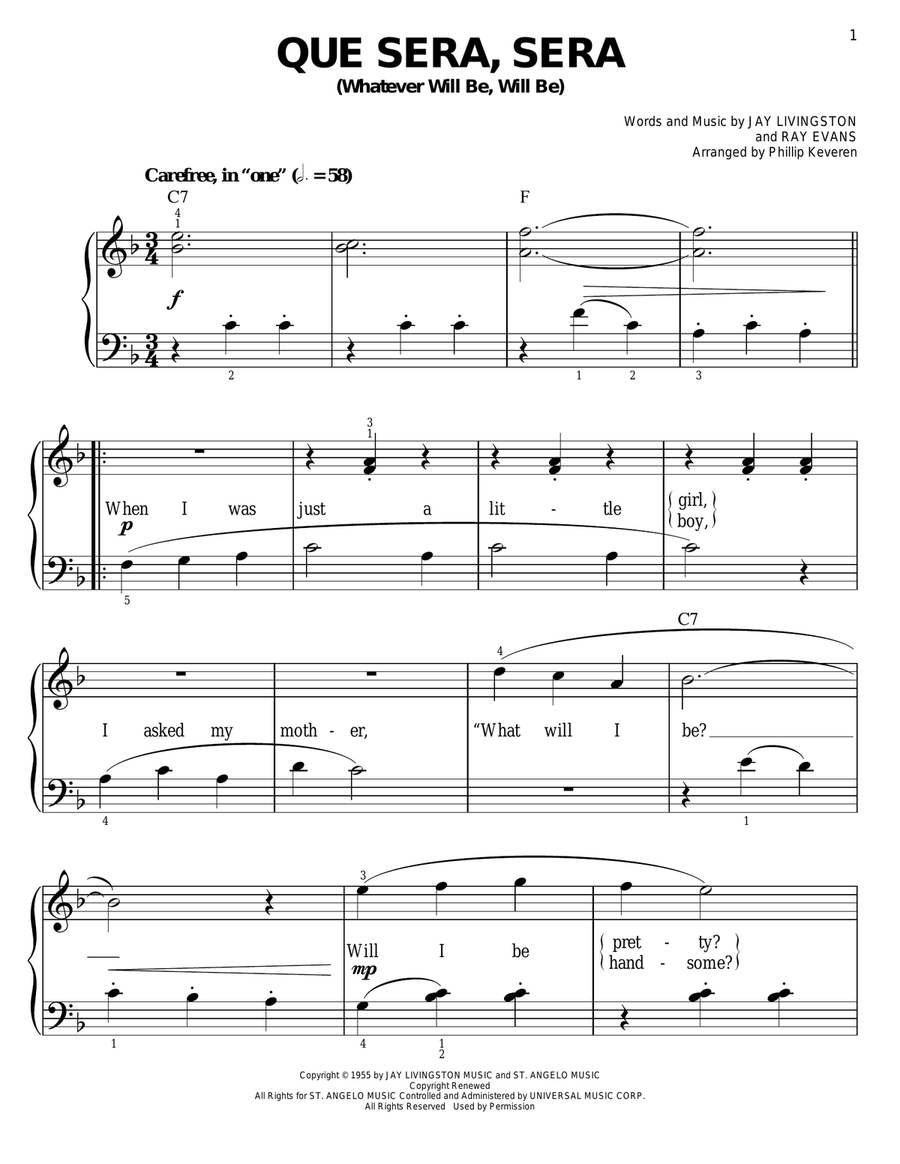 Que Sera, Sera (Whatever Will Be, Will Be) (arr. Phillip Keveren) Easy Piano scores gallery preview page 1