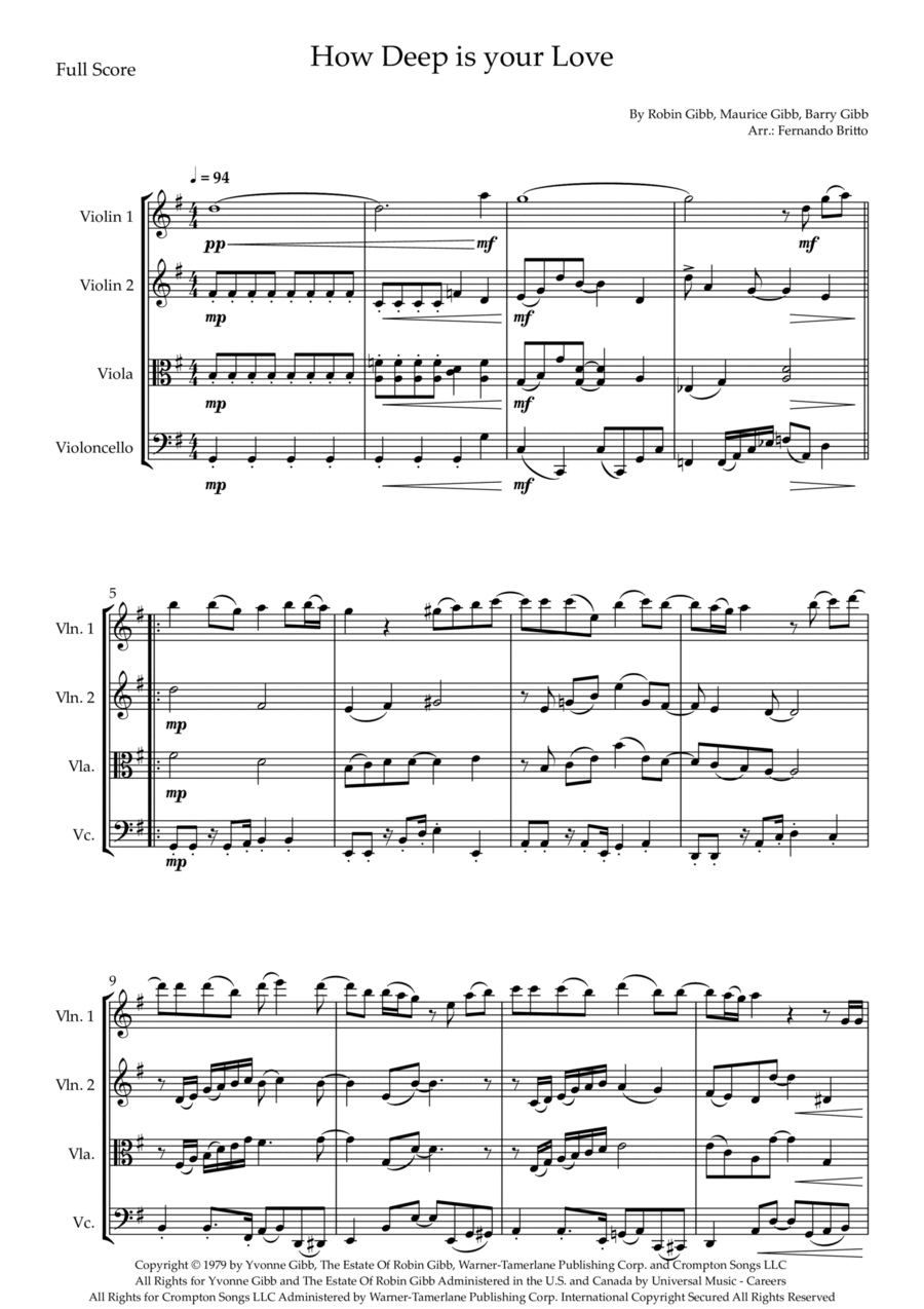 How Deep Is Your Love String Quartet scores gallery preview page 1