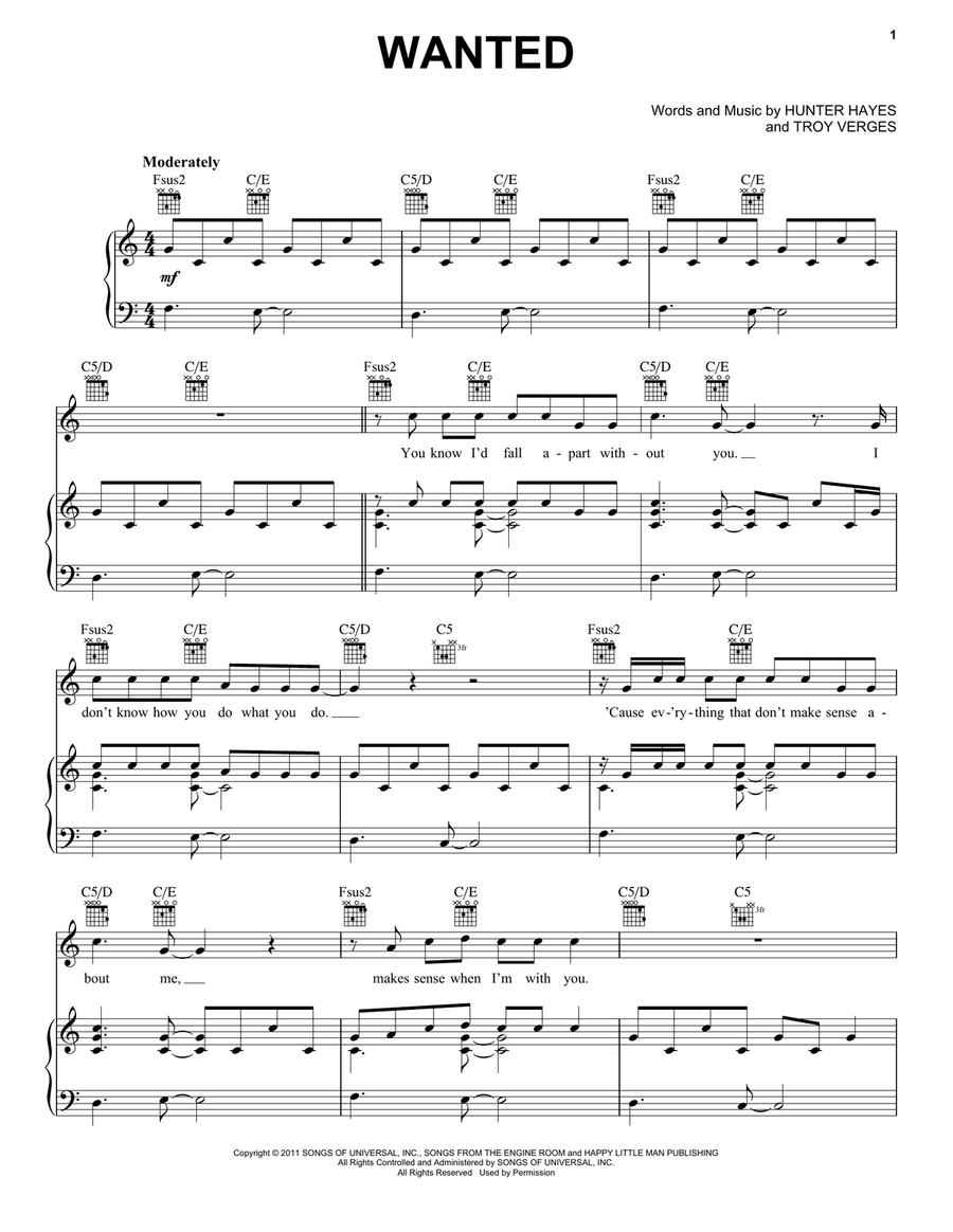 Wanted Piano, Vocal, Guitar scores gallery preview page 1