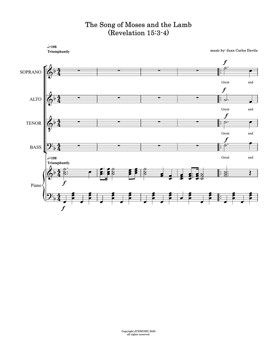 The Song of Moses and the Lamb (Revelation 15:3-4) 4-Part scores gallery preview page 1