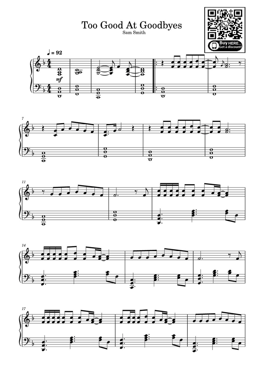 Too Good At Goodbyes Too Good At Goodbyes Easy Piano scores gallery preview page 1