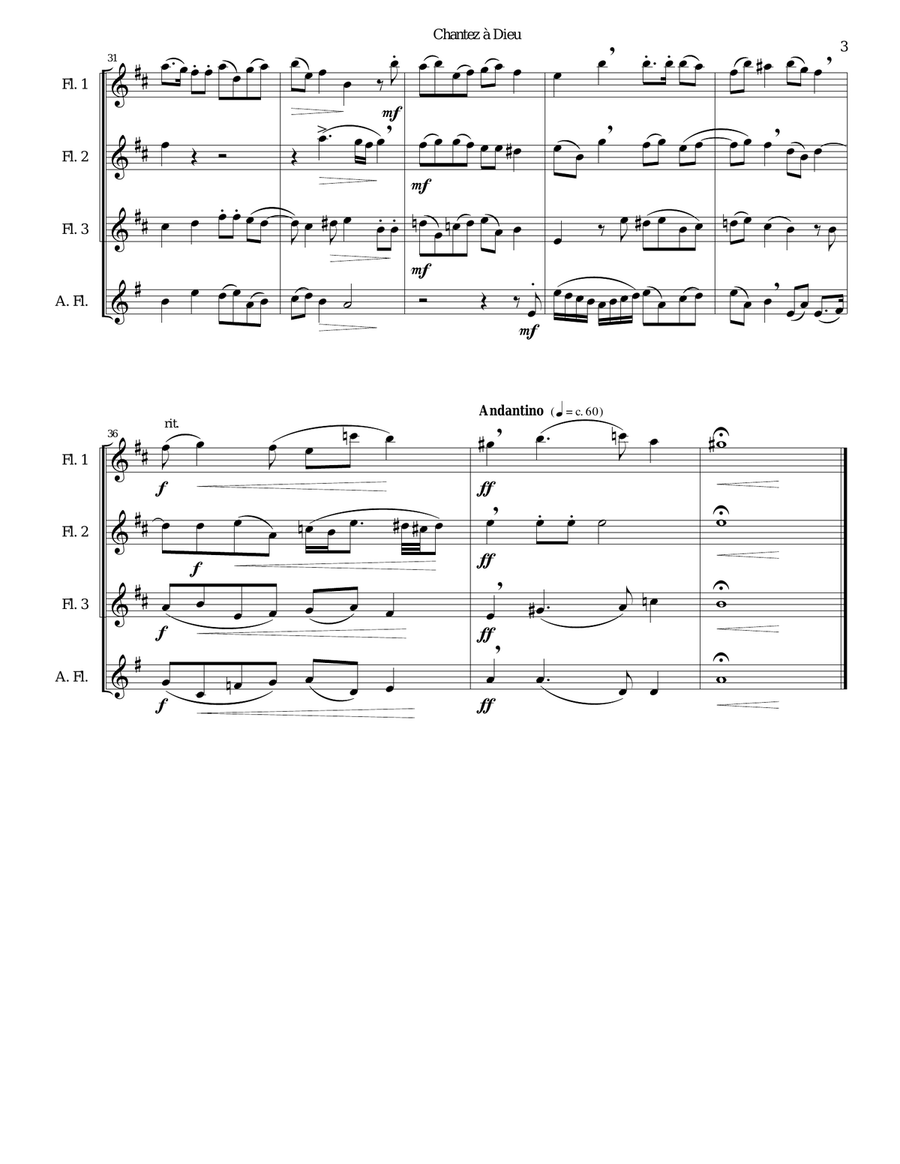Chantez à Dieu for flute quartet (3 flutes and 1 alto flute) Flute Quartet scores gallery preview page 3