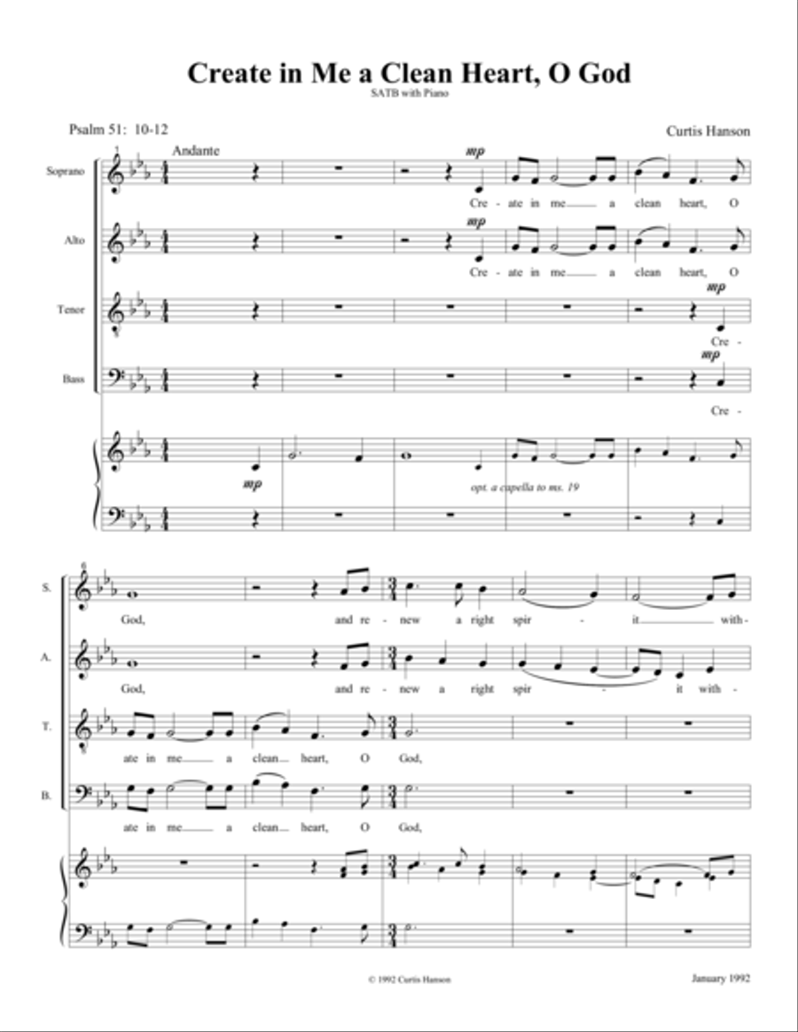 Create in Me a Clean Heart, O God (SATB) 4-Part scores gallery preview page 1
