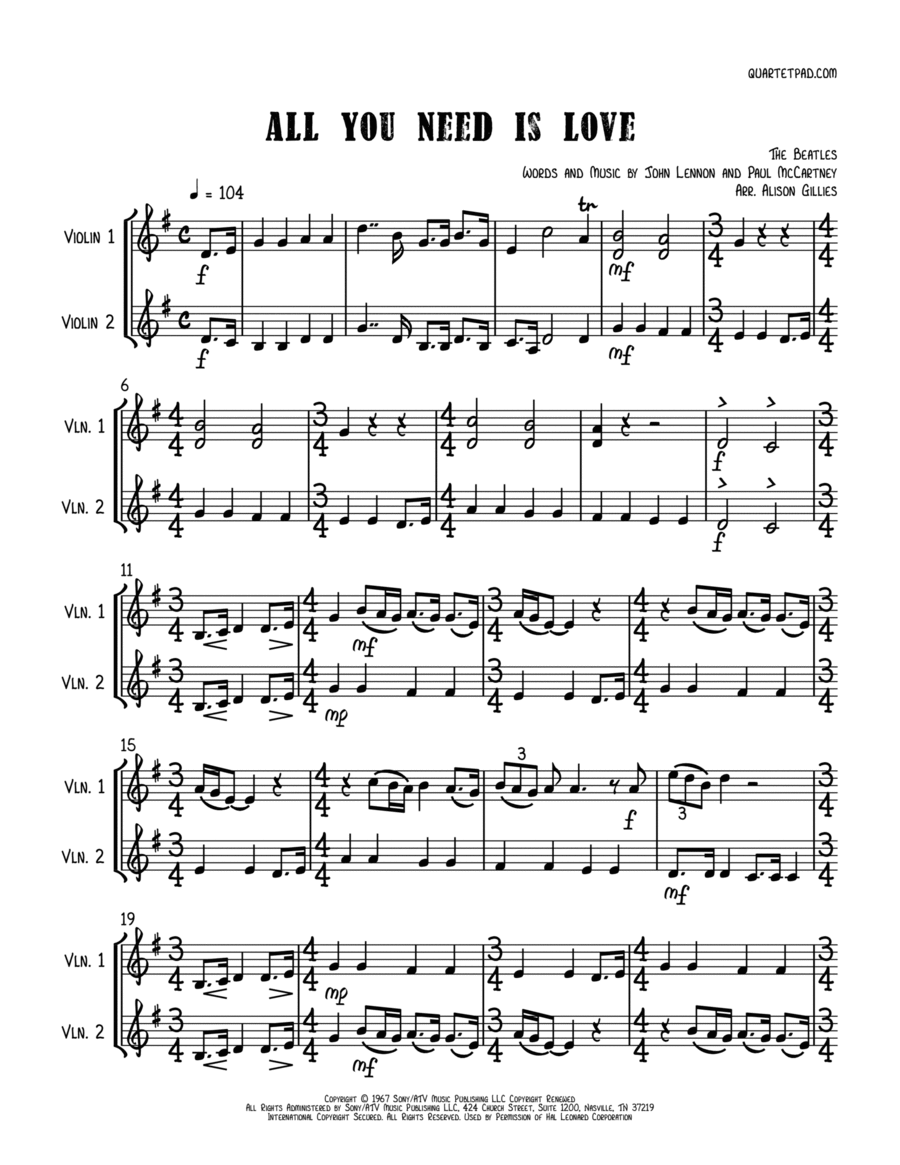 All You Need Is Love All You Need Is Love String Duet scores gallery preview page 1
