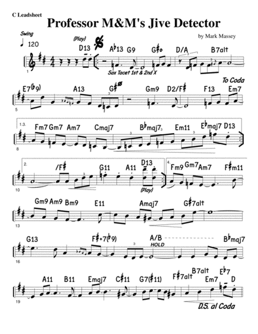 Professor M & M's Jive Detector (C lead sheet, with piano & tenor sax melody)