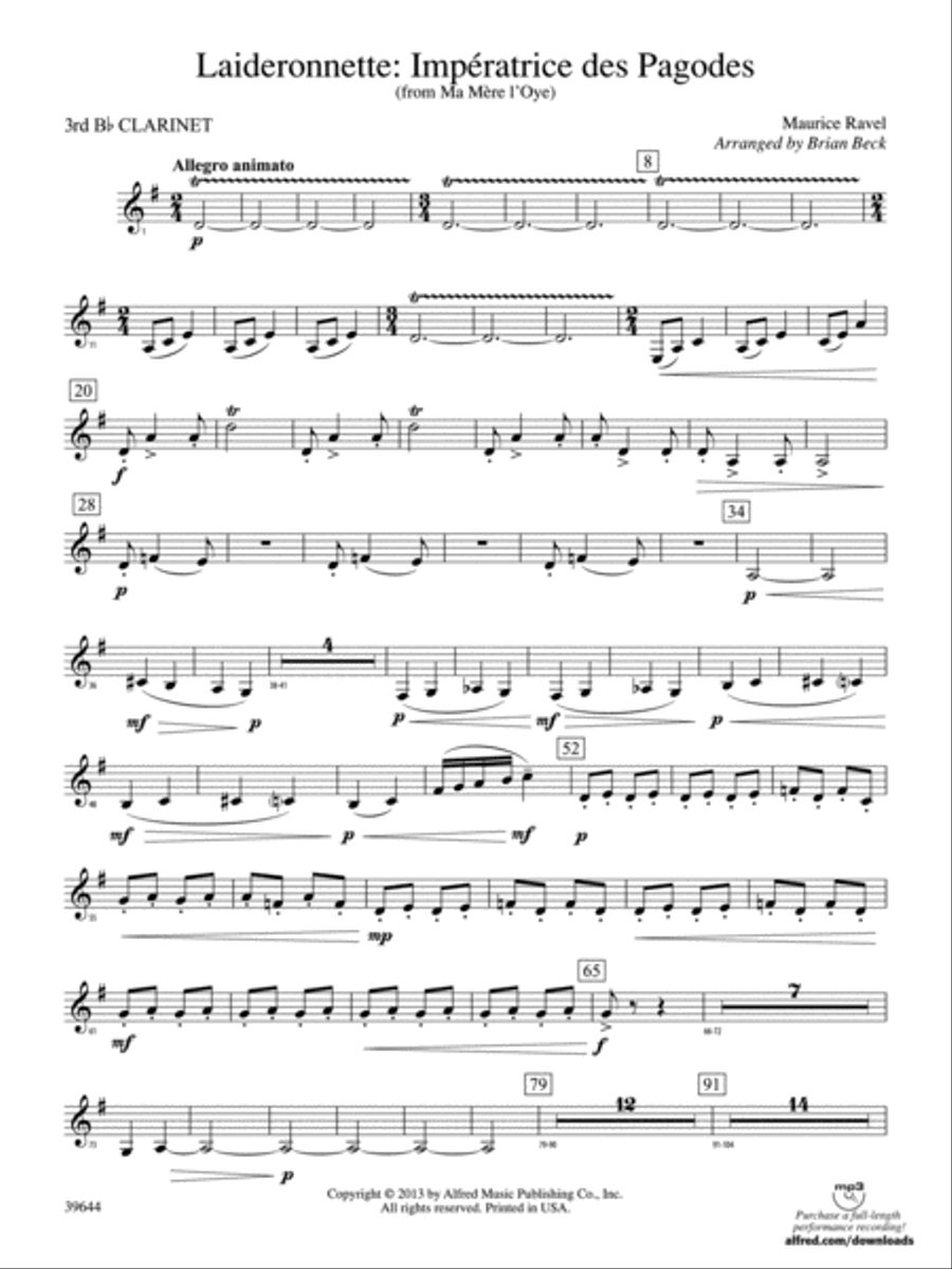 Laideronnette: Impératrice des Pagodes (from Ma mère l'oye ): 3rd B-flat Clarinet Concert Band scores gallery preview page 1
