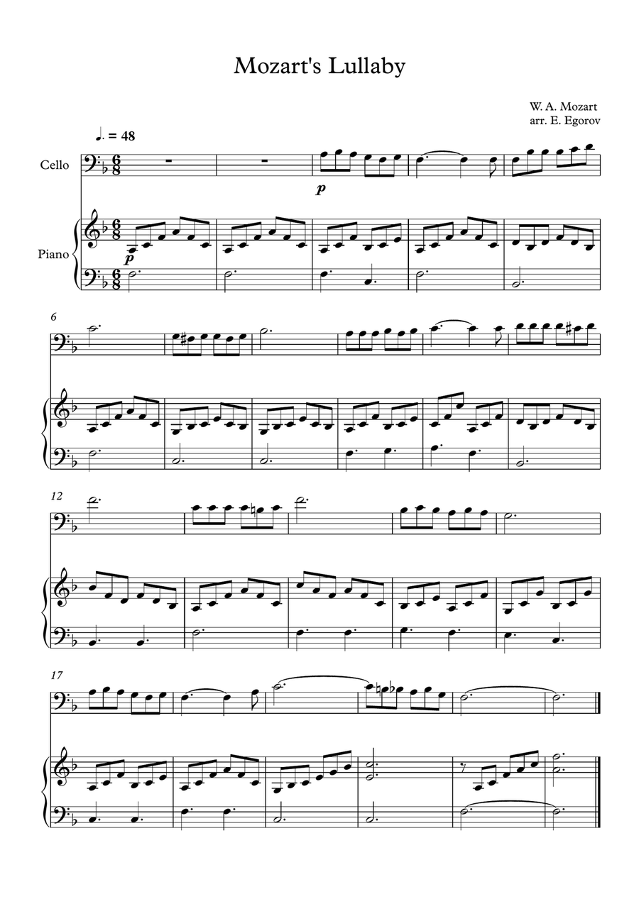 Mozart's Lullaby, For Cello & Piano Piano scores gallery preview page 1