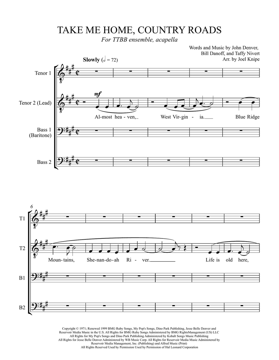 Take Me Home, Country Roads TTBB scores gallery preview page 1