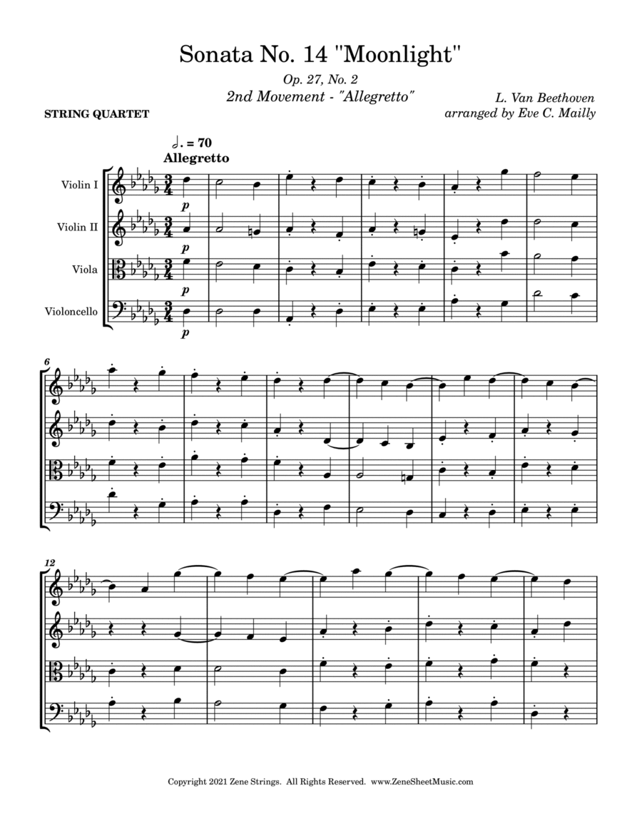 Moonlight Sonata 2nd Mvmt (Sonata No. 14 opus 27 no. 2) - Beethoven - String Quartet String Quartet scores gallery preview page 1