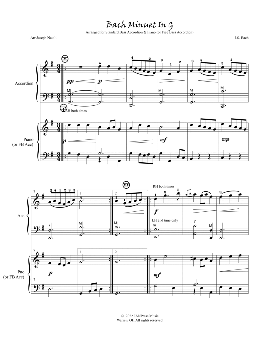 Bach Minuet In G Duet (for SB accordion & Piano or FB accordion)