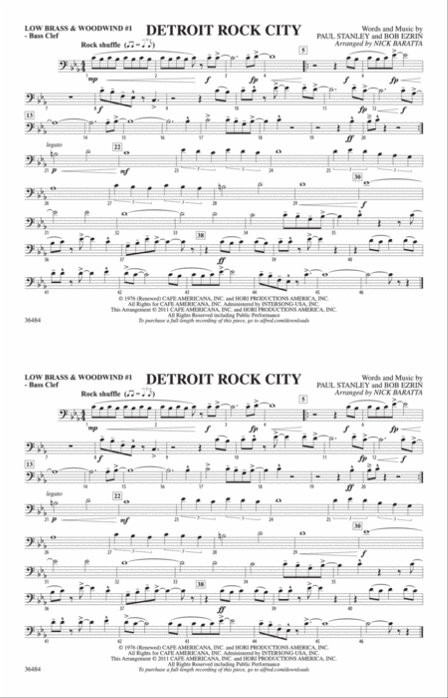 Detroit Rock City: Low Brass & Woodwinds #1 - Bass Clef Marching Band scores gallery preview page 1