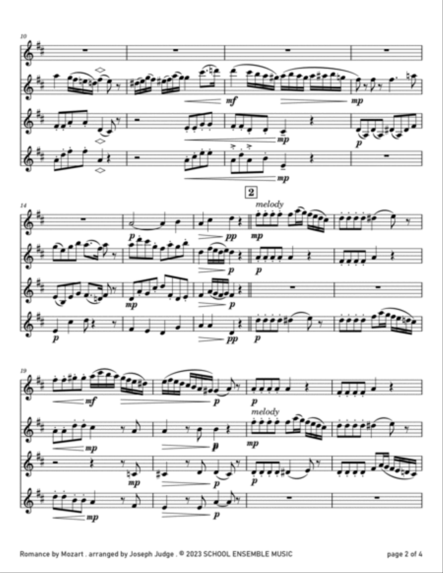 Romance by Mozart for Clarinet Quartet in Schools Clarinet Quartet scores gallery preview page 2
