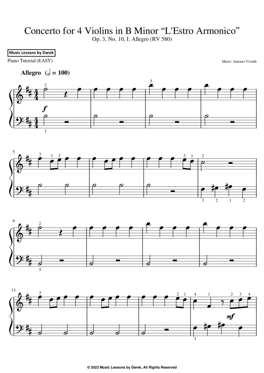 Concerto for 4 Violins in B Minor “L'Estro Armonico” (EASY PIANO) Op. 3, No. 10, I. Allegro (RV 580) Violin scores gallery preview page 1