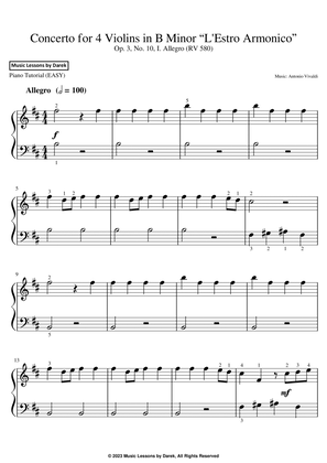 Book cover for Concerto for 4 Violins in B Minor “L'Estro Armonico” (EASY PIANO) Op. 3, No. 10, I. Allegro (RV 580)