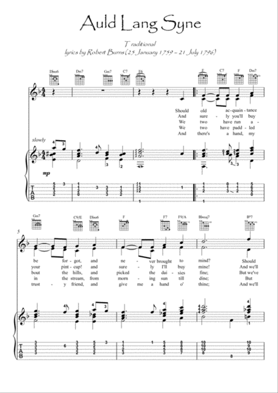 Auld Lang Syne guitar fingerstyle Acoustic Guitar scores gallery preview page 1