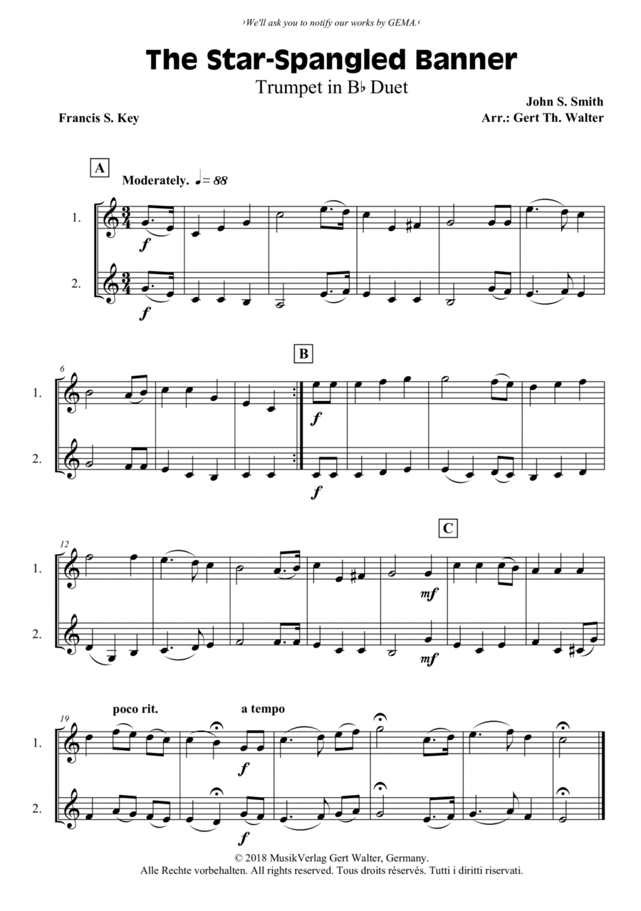 The Star-Spangled Banner Trumpet Duet scores gallery preview page 1