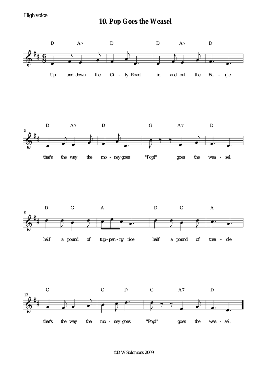 Pop goes the weasel high voice, medium voice or low voice with guitar chords Acoustic Guitar scores gallery preview page 1