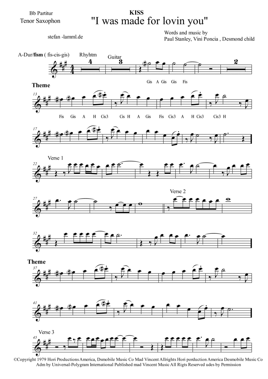 I Was Made For Lovin' You Tenor Saxophone scores gallery preview page 1