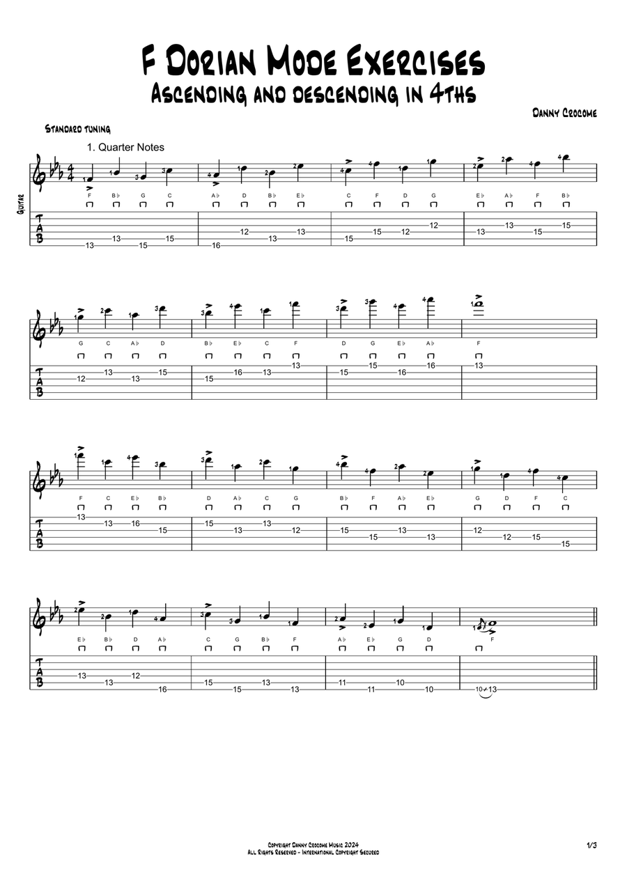 F Dorian Mode Exercises - Ascending and Descending in 4ths Acoustic Guitar scores gallery preview page 1