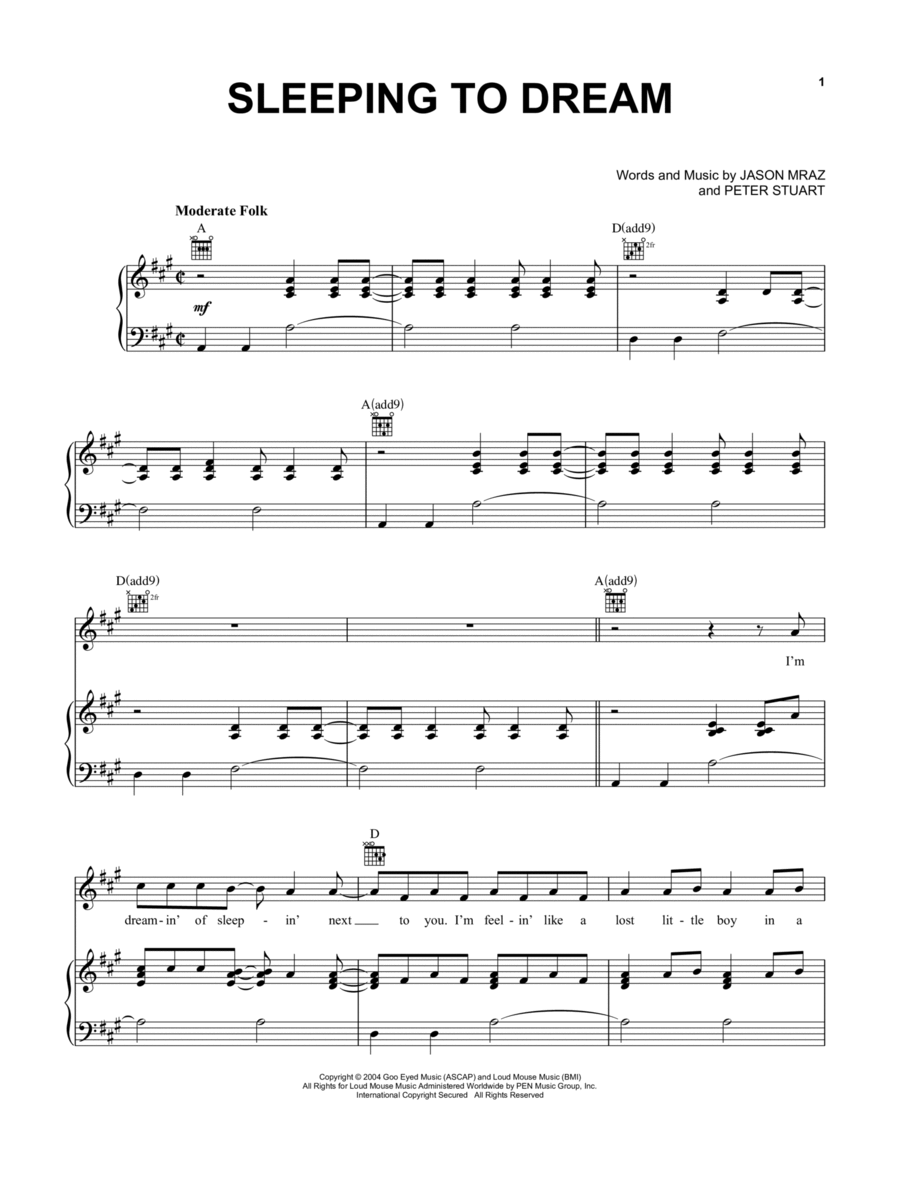 Sleeping To Dream Piano, Vocal, Guitar scores gallery preview page 1