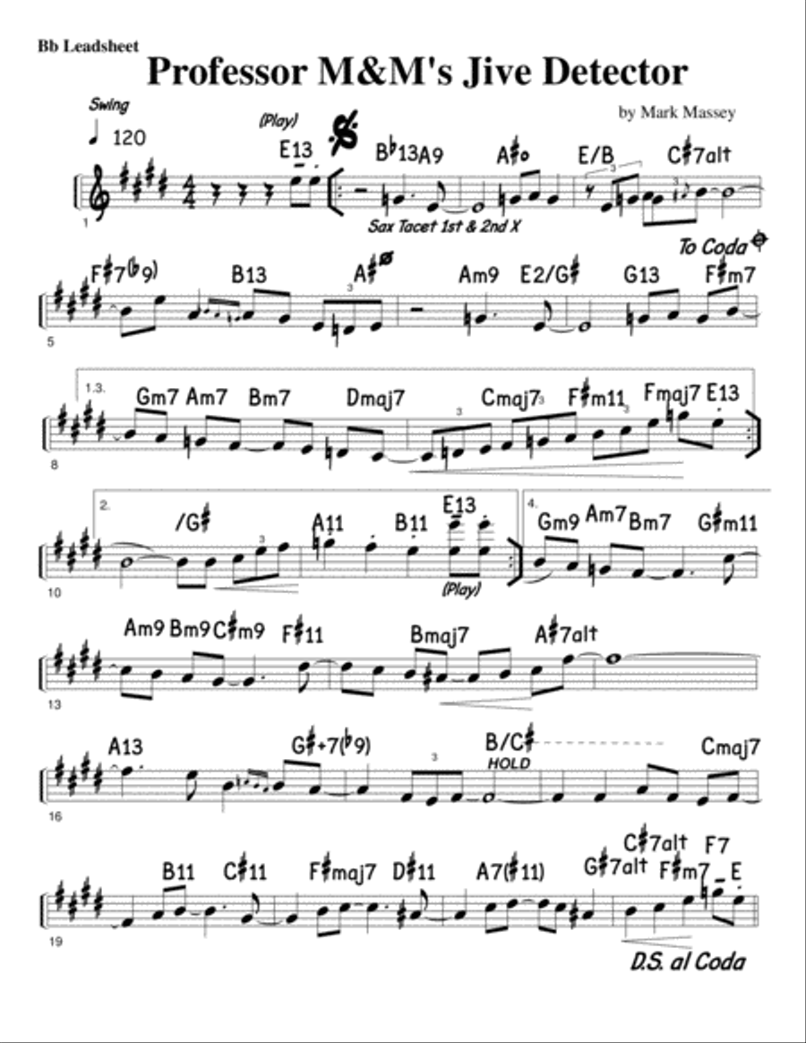 Professor M & M's Jive Detector (Bb leadsheet, with tenor sax & piano melody) Small Ensemble scores gallery preview page 2