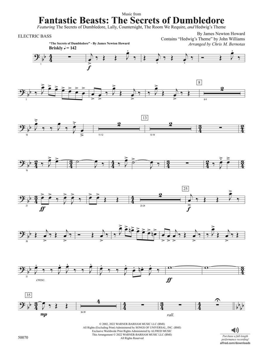 Fantastic Beasts: The Secrets of Dumbledore: Electric Bass Concert Band scores gallery preview page 1