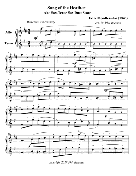 Song of the Heather - Mendelssohn-Alto Sax /Tenor Sax duet Tenor Saxophone - Digital Sheet Music