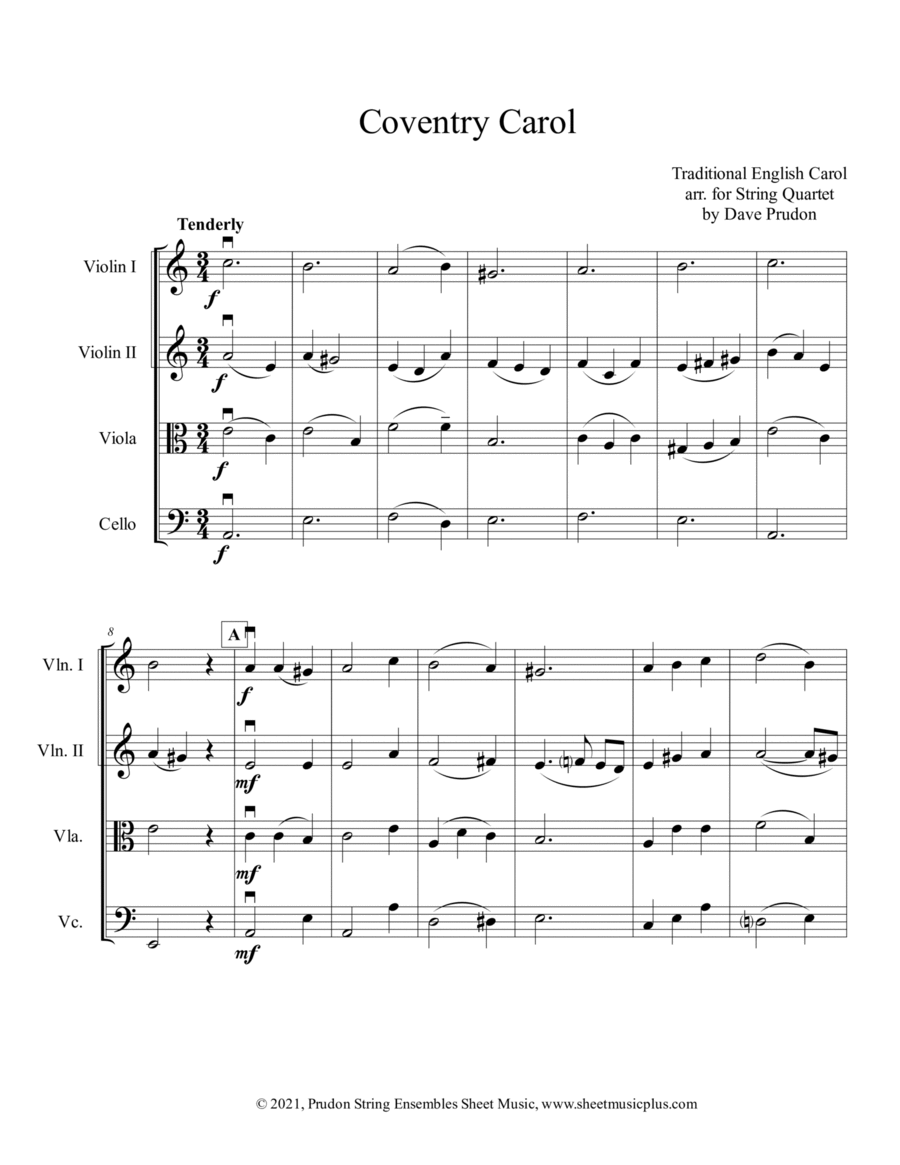Coventry Carol for String Quartet String Quartet scores gallery preview page 1