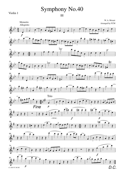 Mozart Menuetto (Symphony No.40, 3rd mvt.), for string quartet, CM009 image number null