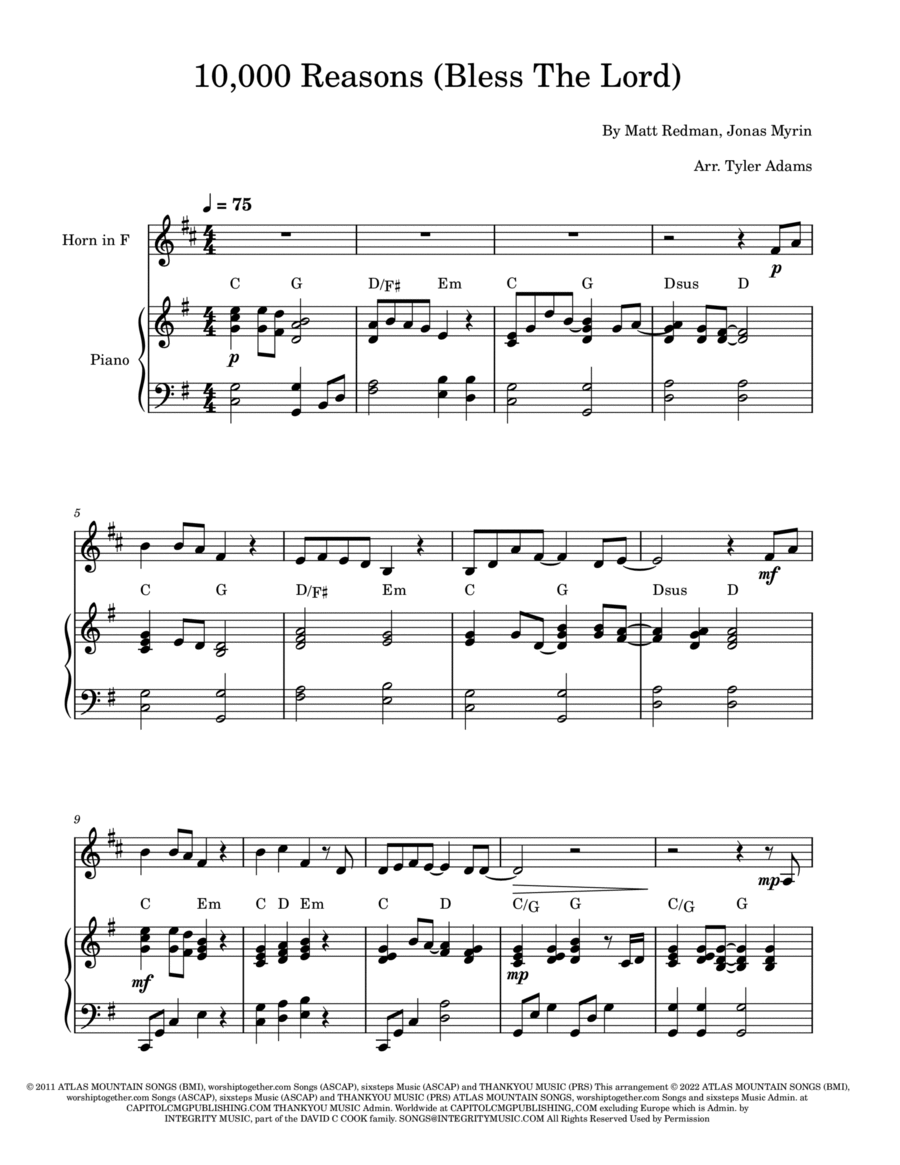 10,000 Reasons (bless The Lord) Piano scores gallery preview page 1