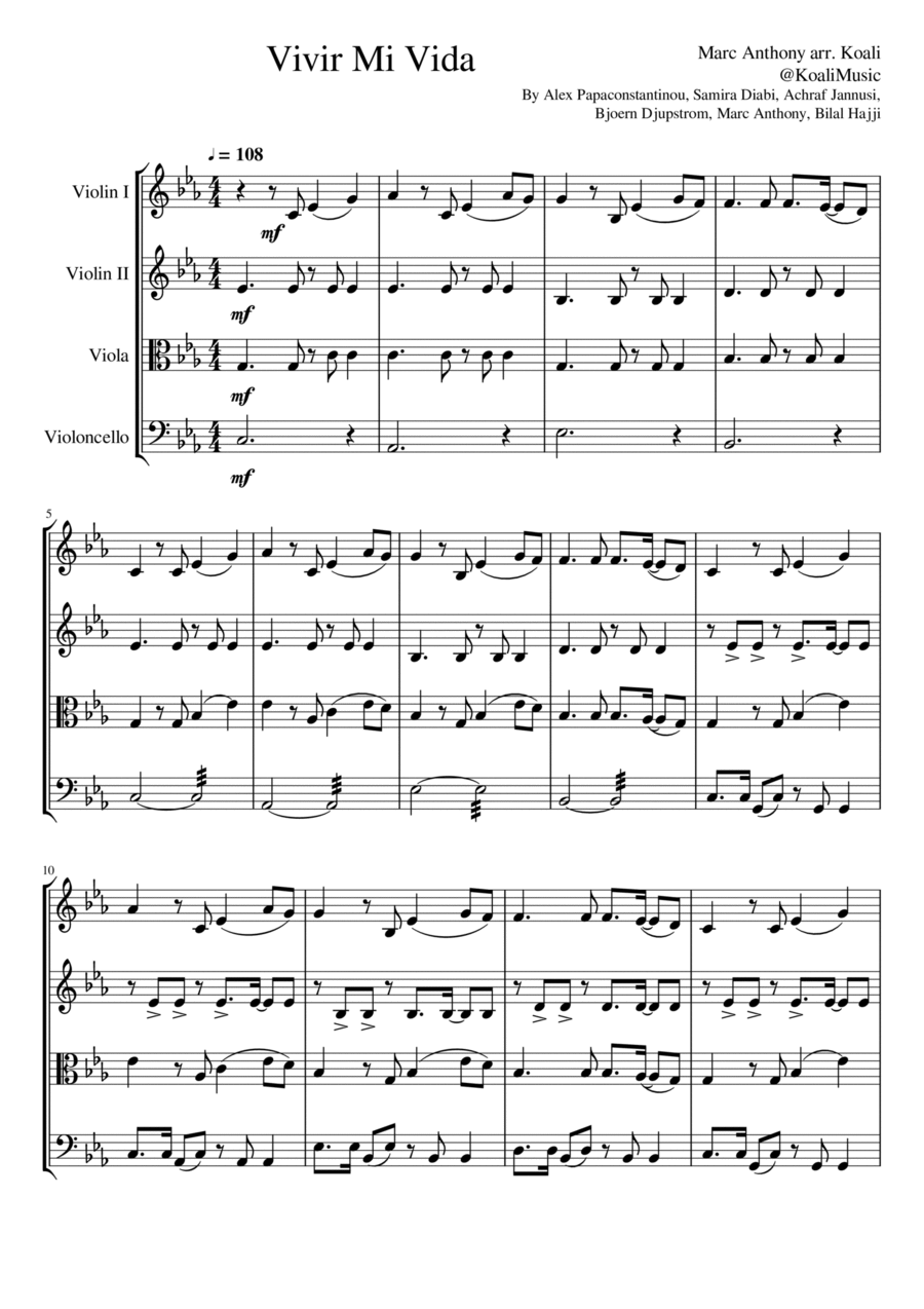 Vivir Mi Vida String Quartet scores gallery preview page 1