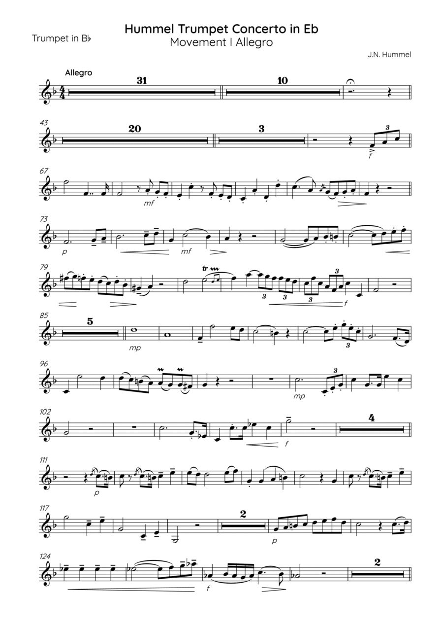 Hummel Trumpet Concerto in Eb (parts for Bb Trumpet) B-Flat Trumpet scores gallery preview page 1