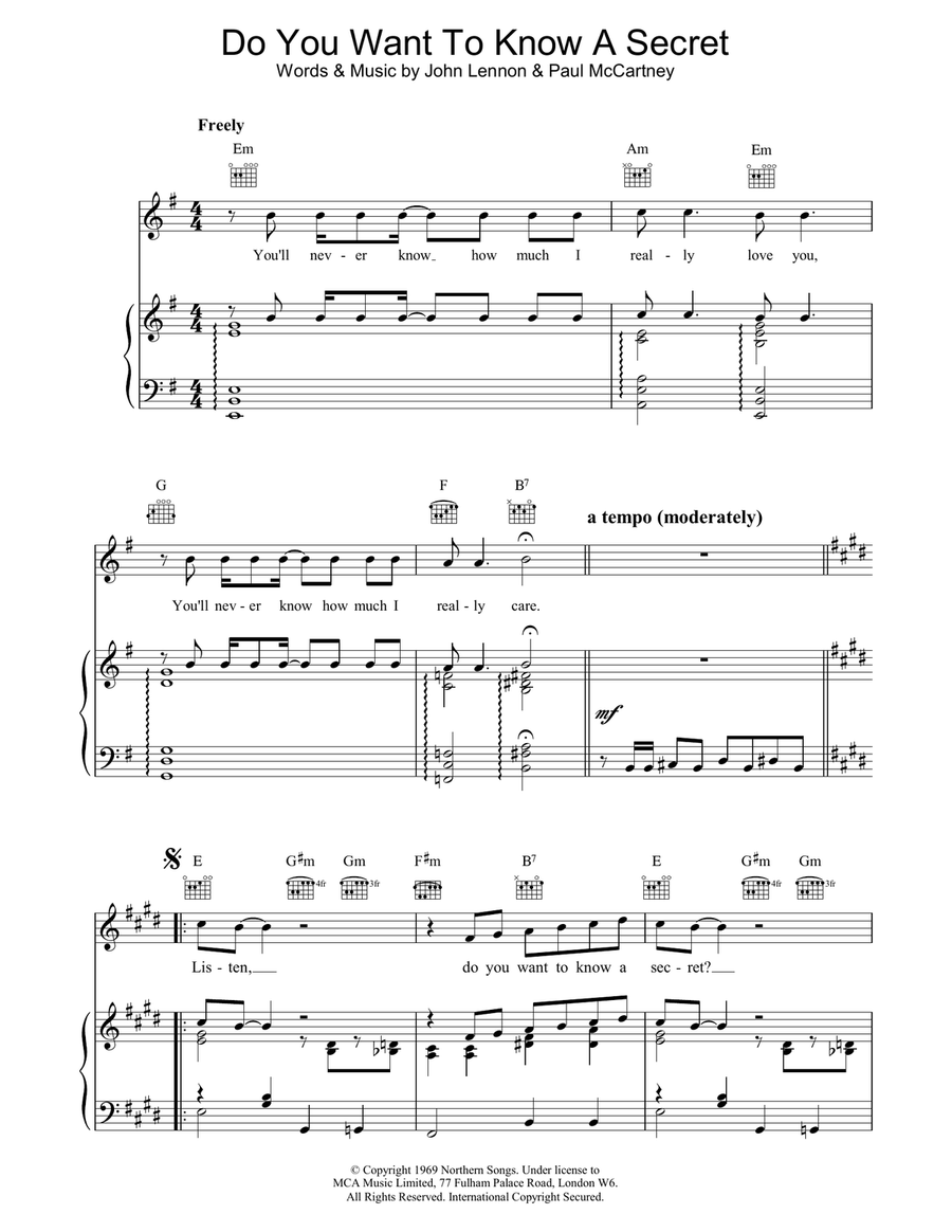 Do You Want To Know A Secret Piano, Vocal, Guitar scores gallery preview page 1