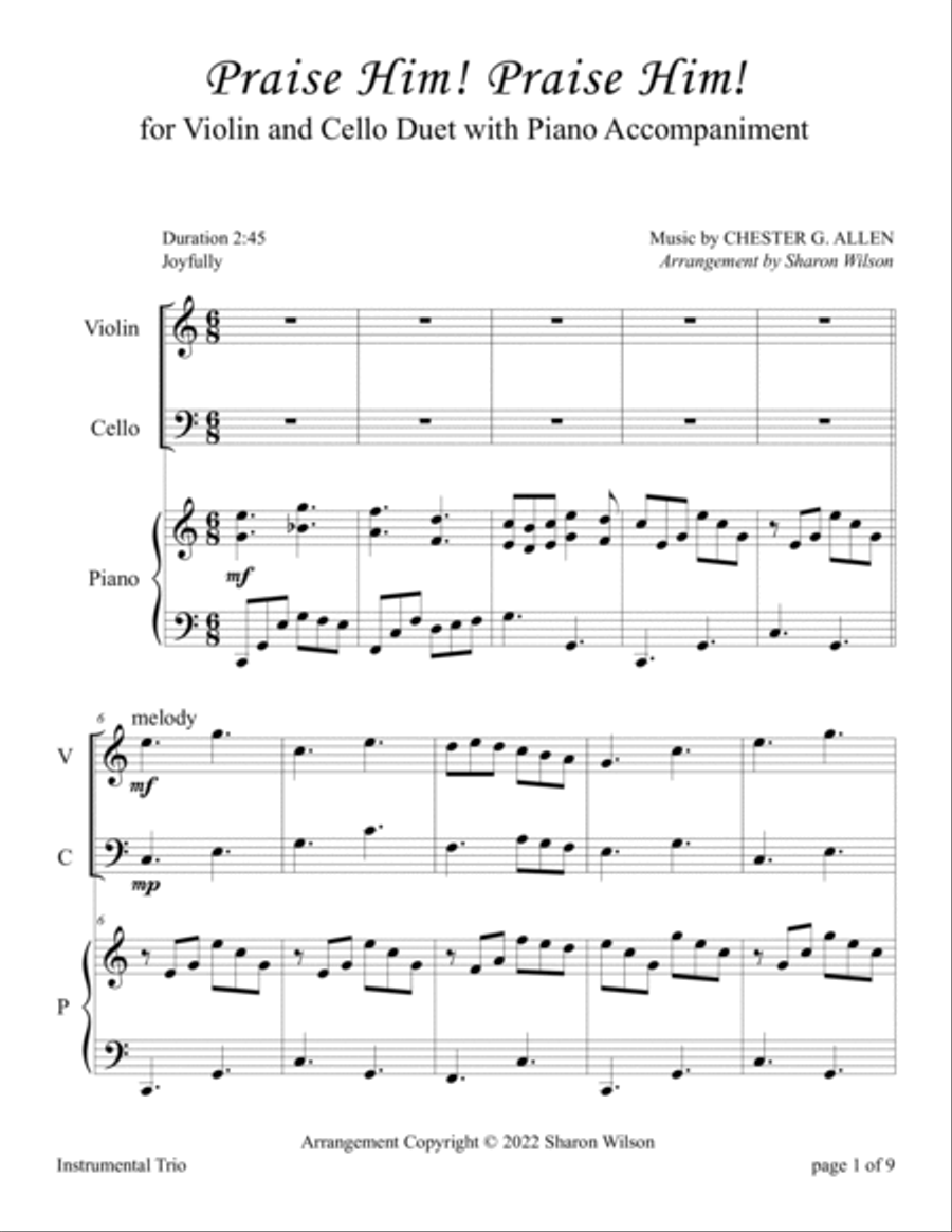 Praise Him! Praise Him! (for Violin and Cello Duet with Piano Accompaniment) Piano Trio scores gallery preview page 6
