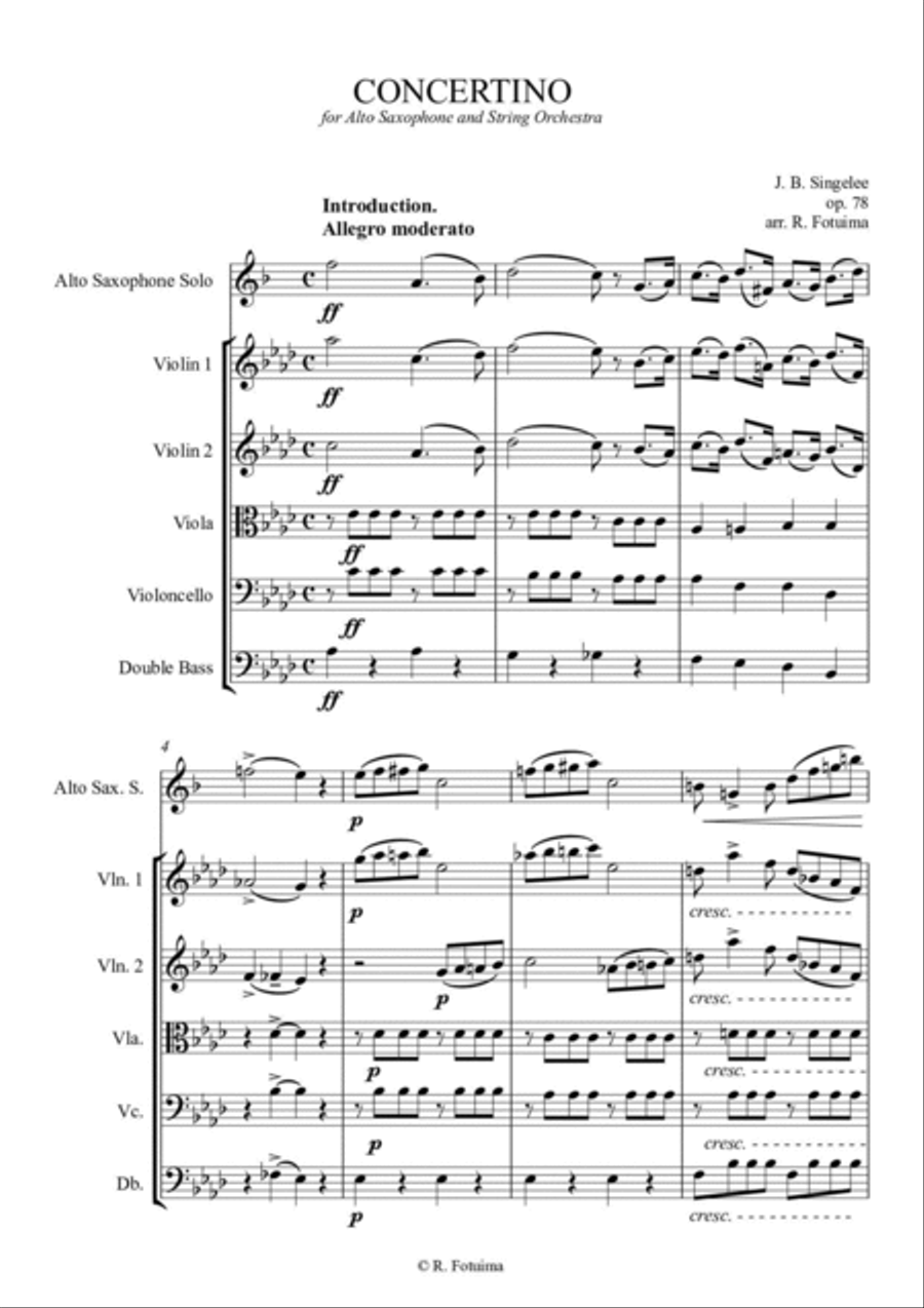 Jean-Baptiste Singelée Concertino opus 78 for alto saxophone and string orchestra (score and parts)