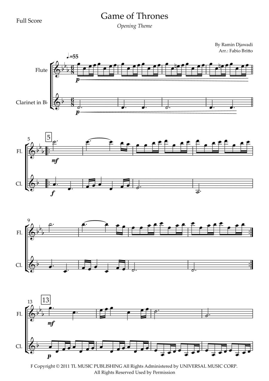 Game Of Thrones Woodwind Duet scores gallery preview page 1
