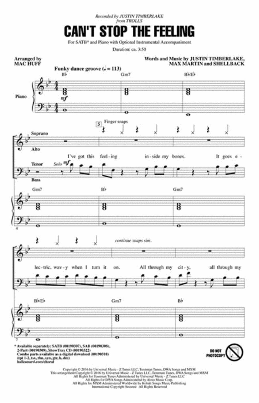 Can't Stop the Feeling 4-Part scores gallery preview page 2