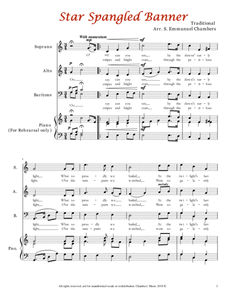 Star Spangled Banner, SAB Chorus, or Vocal Trio