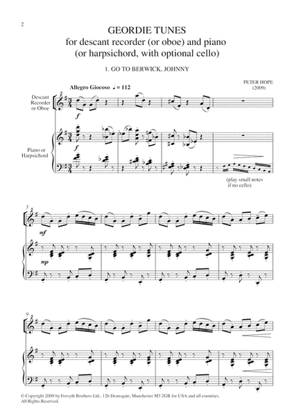 Geordie Tunes for Descant Recorder or Oboe and Piano (with optional Cello)