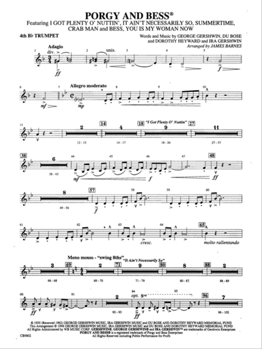 Porgy and Bess® (Medley): 4th B-flat Trumpet Concert Band scores gallery preview page 1