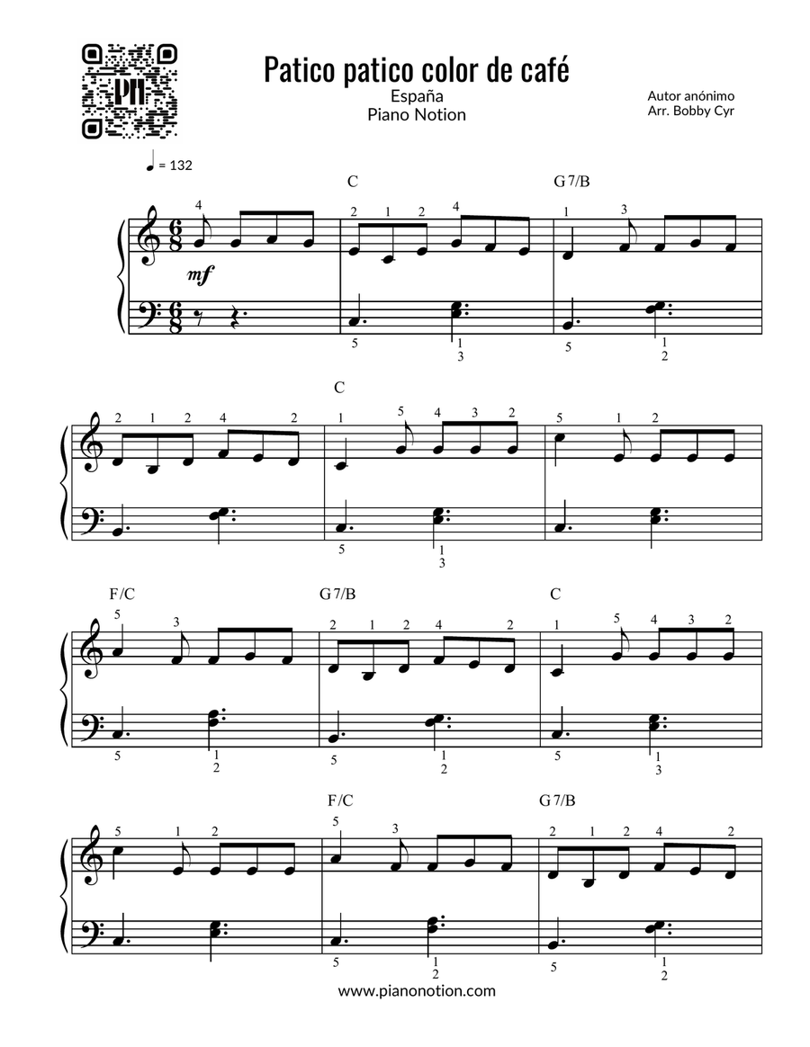 Patico patico color de café - Canciones infantiles (piano fácil) Easy Piano scores gallery preview page 1