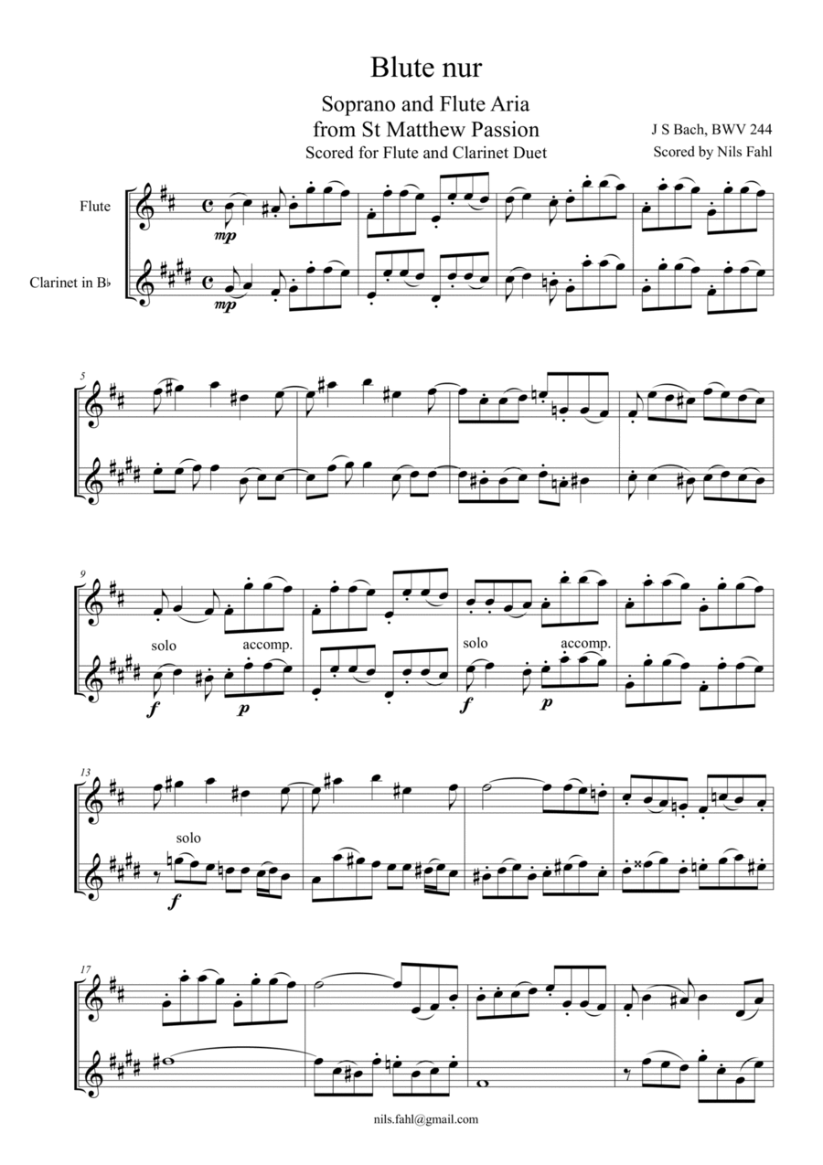 J S Bach Blute nur from St Matthew Passion, BWV 244. Flute and Clarinet Duet Woodwind Duet scores gallery preview page 1